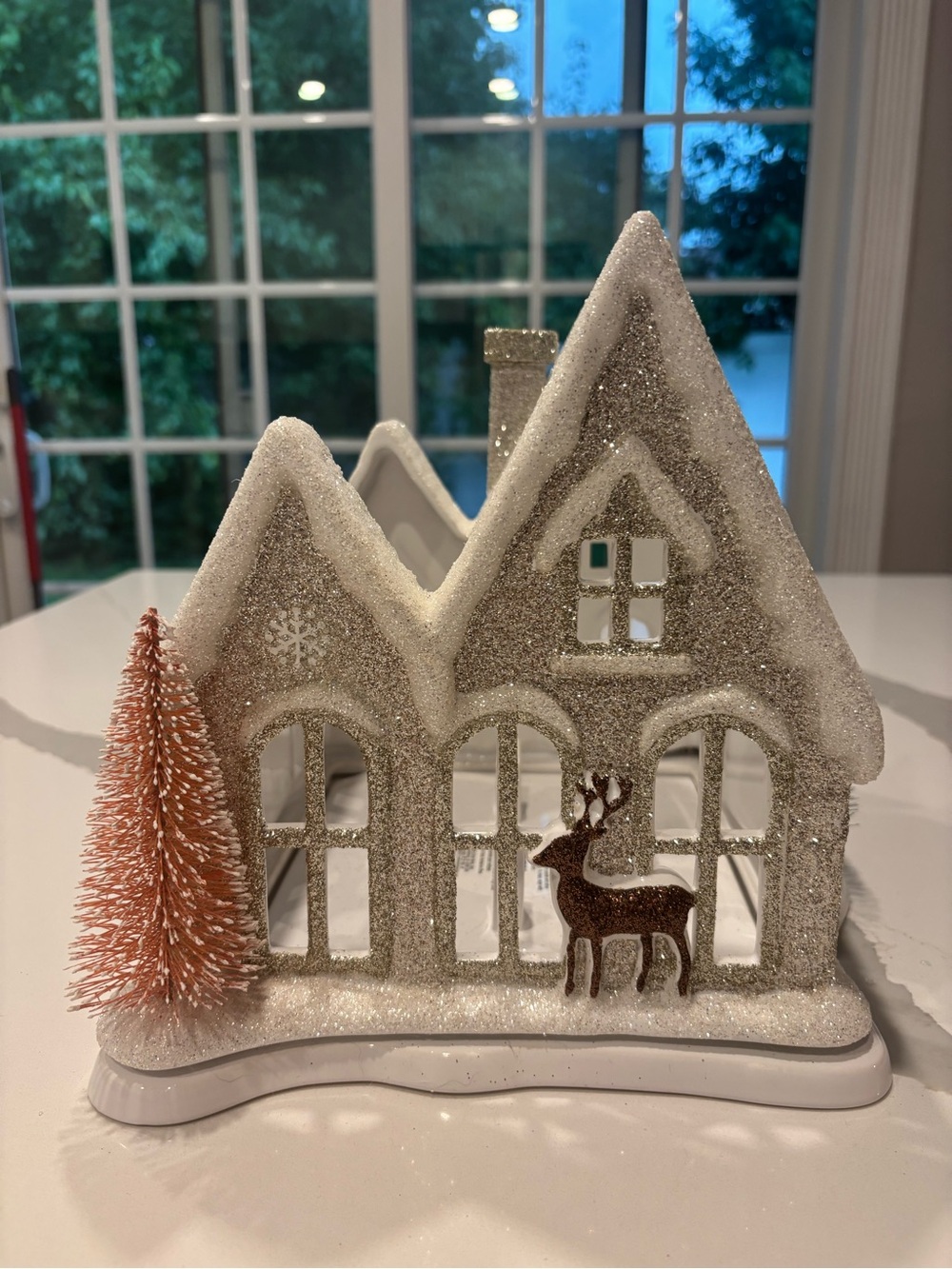 Bath & Body Works White & Pink Glitter Holiday Village House/Candle Holder
